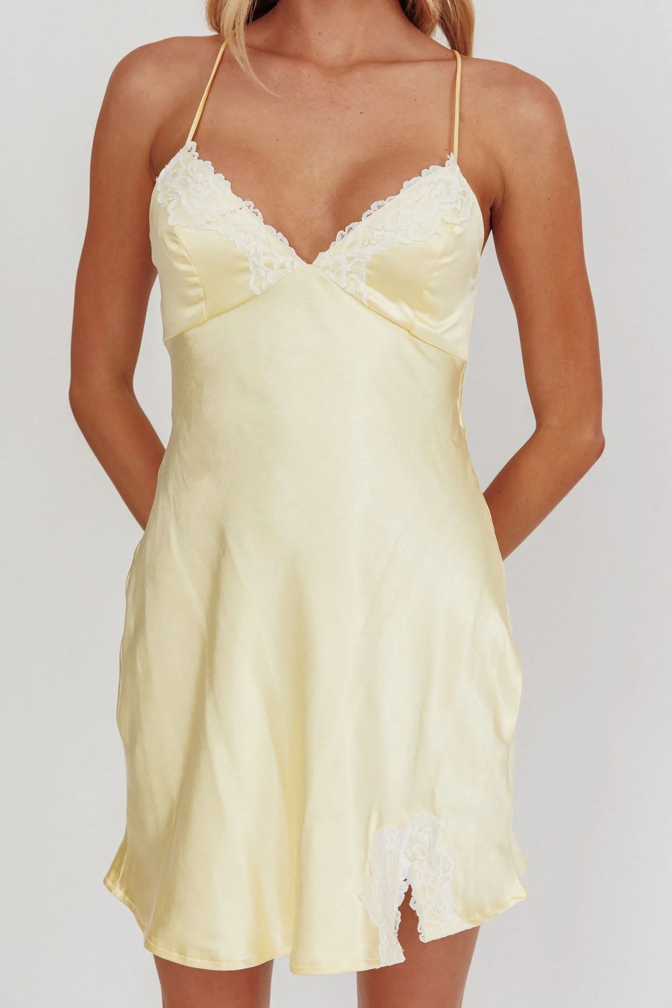 Las Vegas Strappy Back Lace Trim Mini Dress Butter