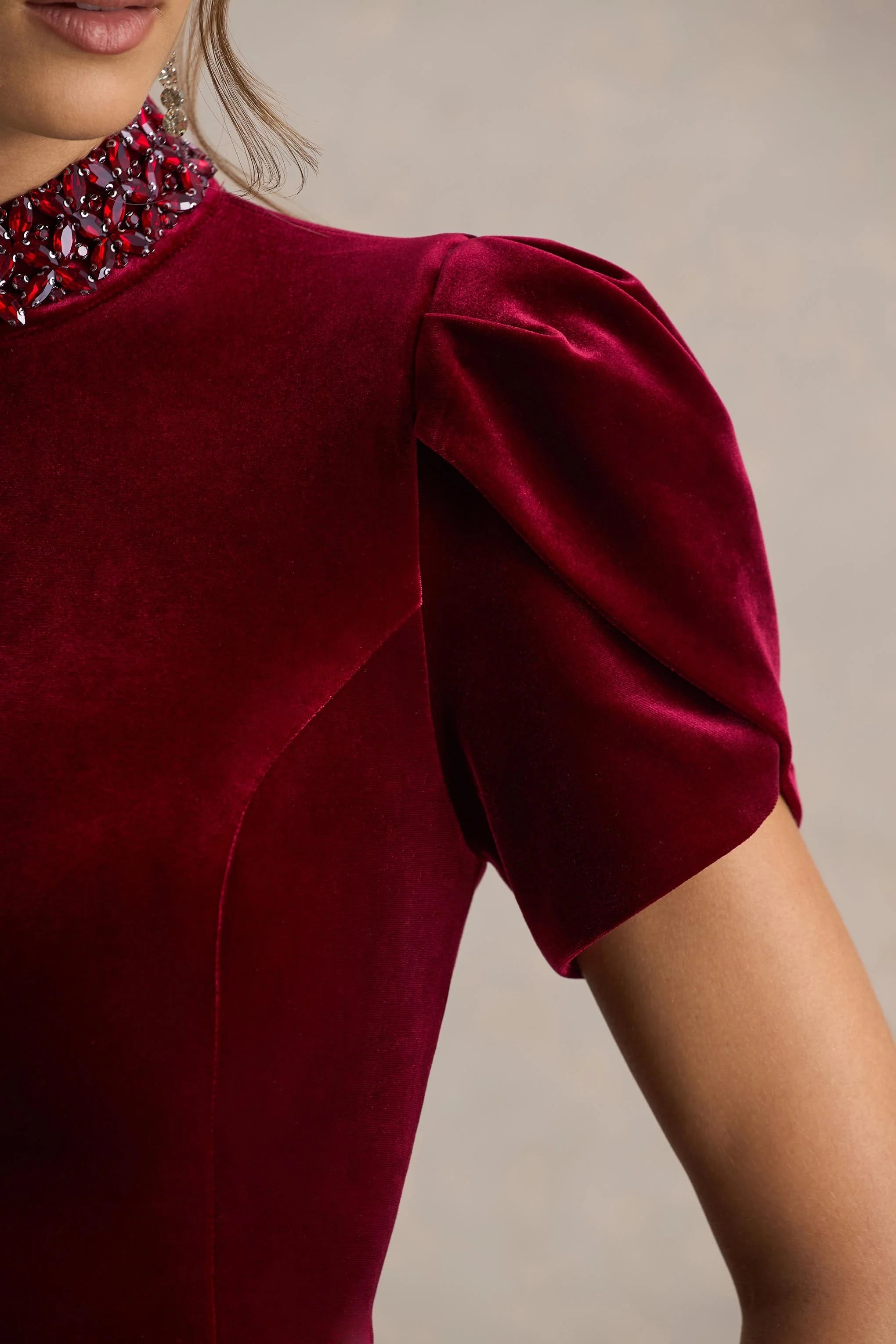 Margot | Burgundy High-Neck Velvet Mini Dress With Embellished Detail