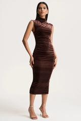 Novine | Brown Velvet High-Neck Midi Dress