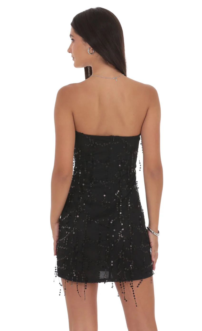 Strapless Sequin Fringe Dress in Black