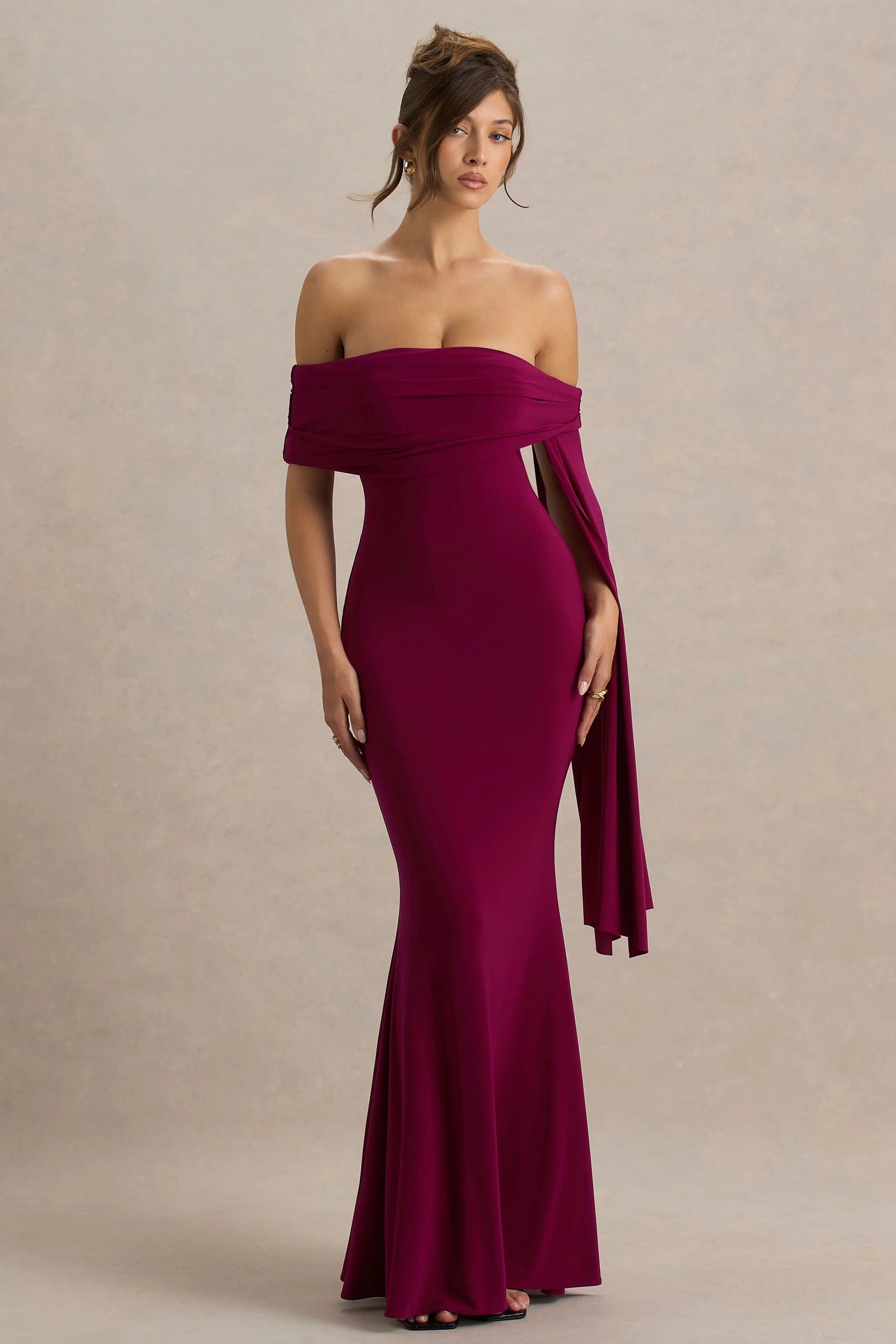 Saffina | Burgundy Bardot-Neck Maxi Dress With Sash Detail