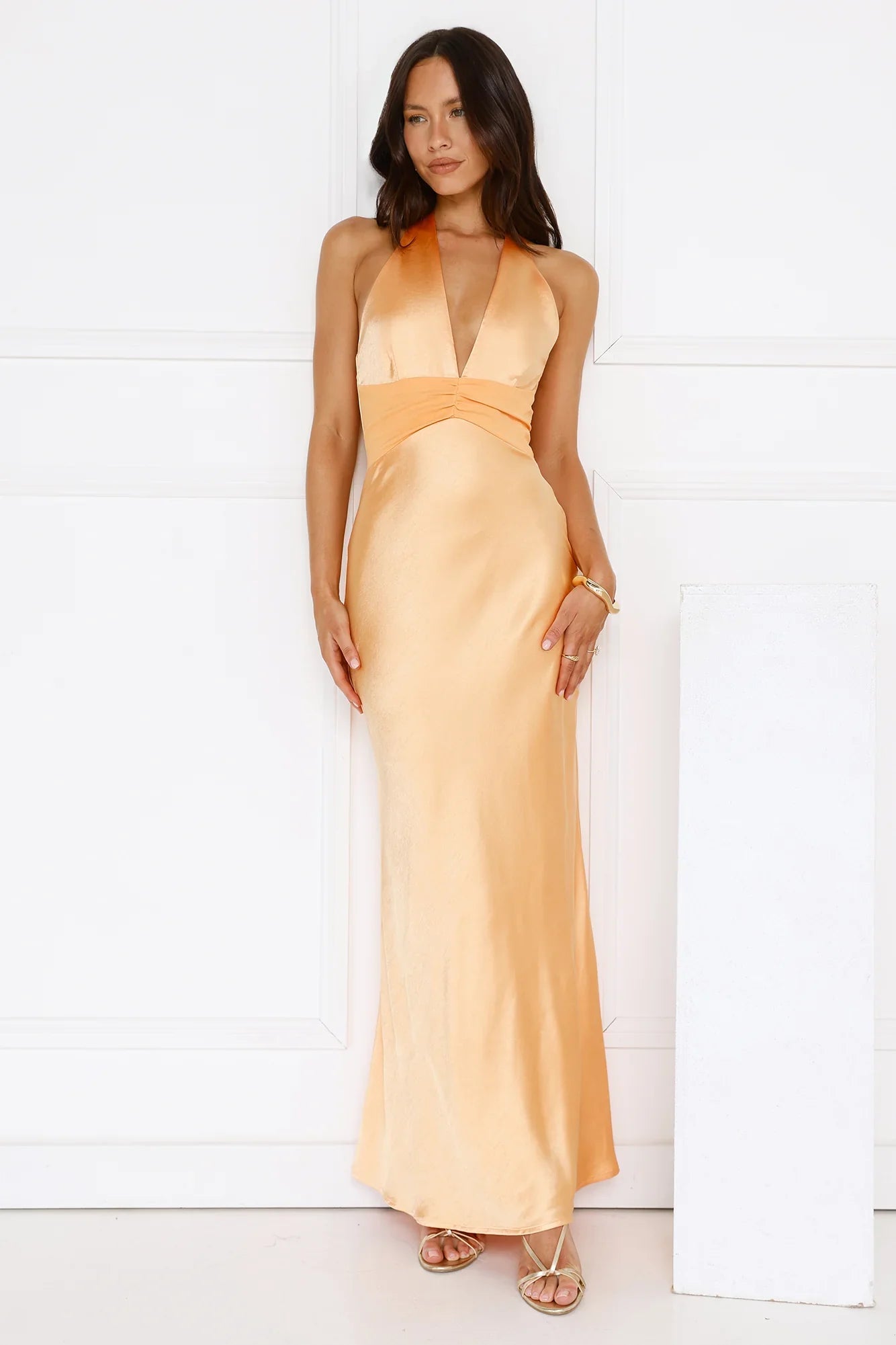 Spiced Sunset Satin Halter Maxi Dress