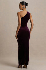 Treat | Burgundy Velvet Asymmetric-Neck Maxi Dress With Ruched Detailing.