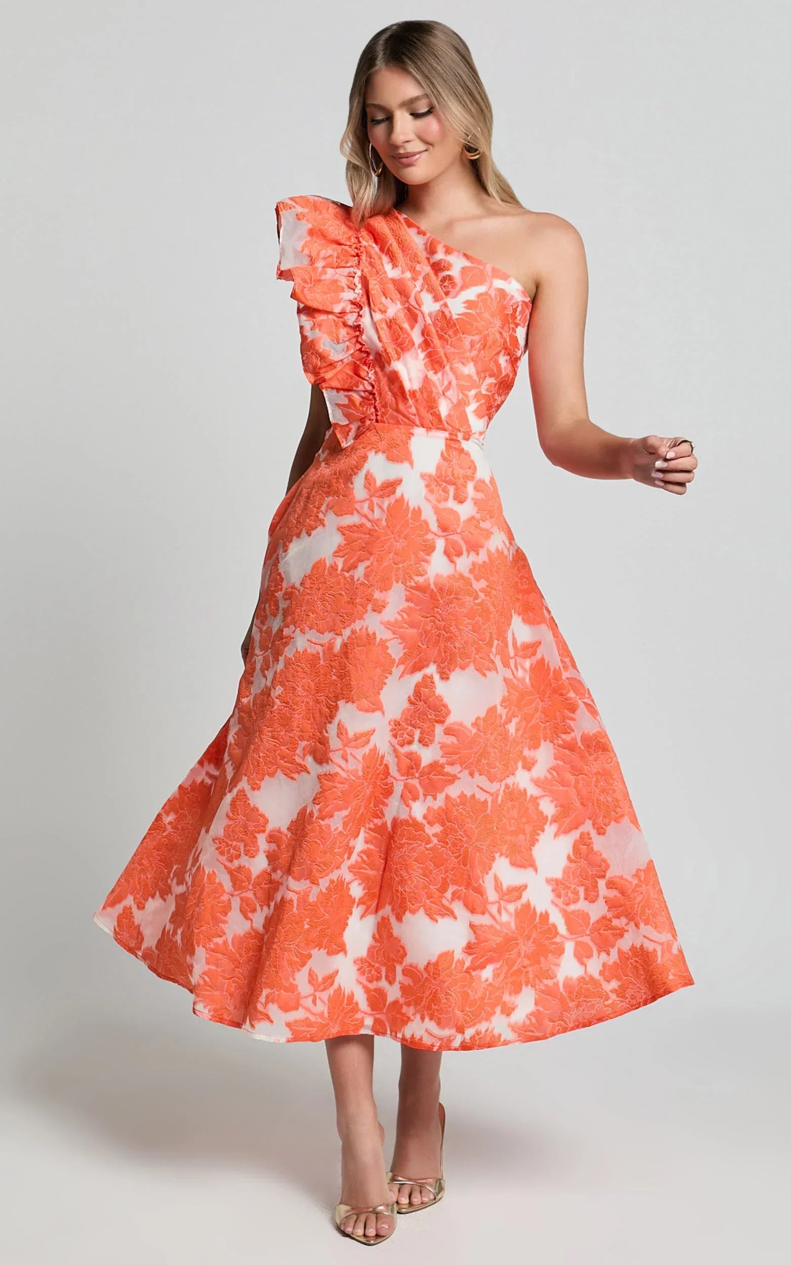 Alfreda Midi Dress One Shoulder Ruffle Detail Brailey Jacquard Dress in Orange