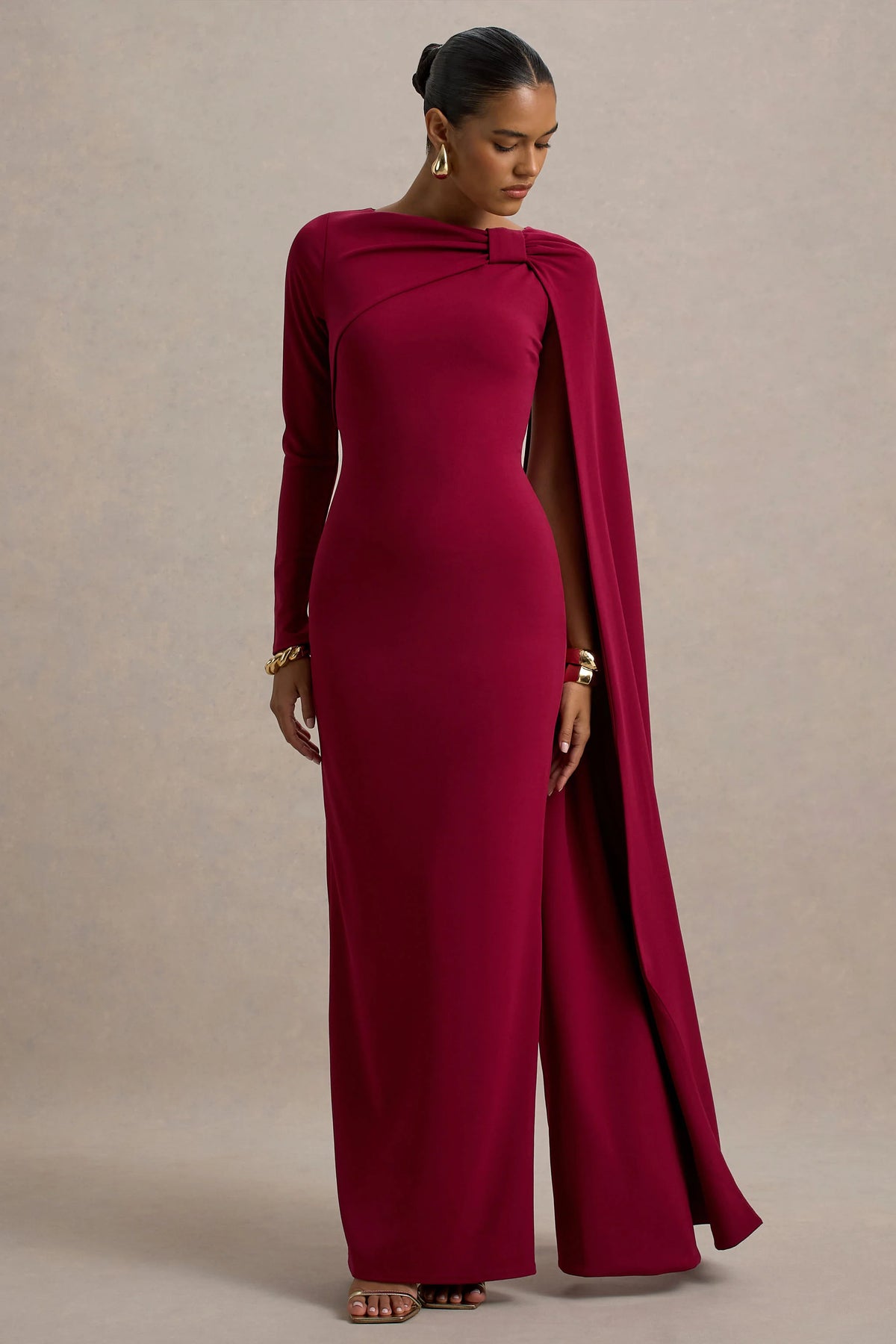 Frances | Burgundy High-Neck Maxi Dress With Cape Detail