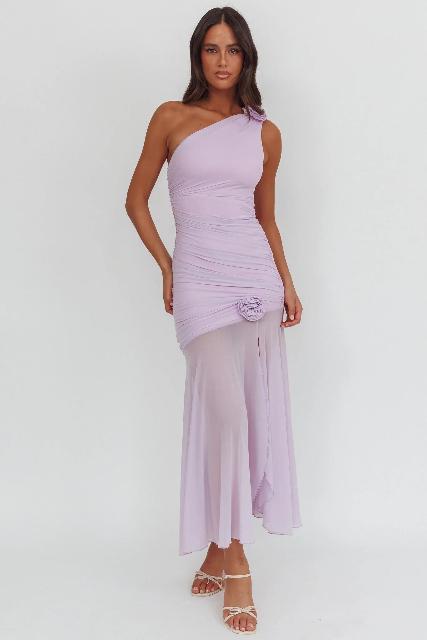 Lost Love One-Shoulder Sheer Hem Maxi Dress Lilac