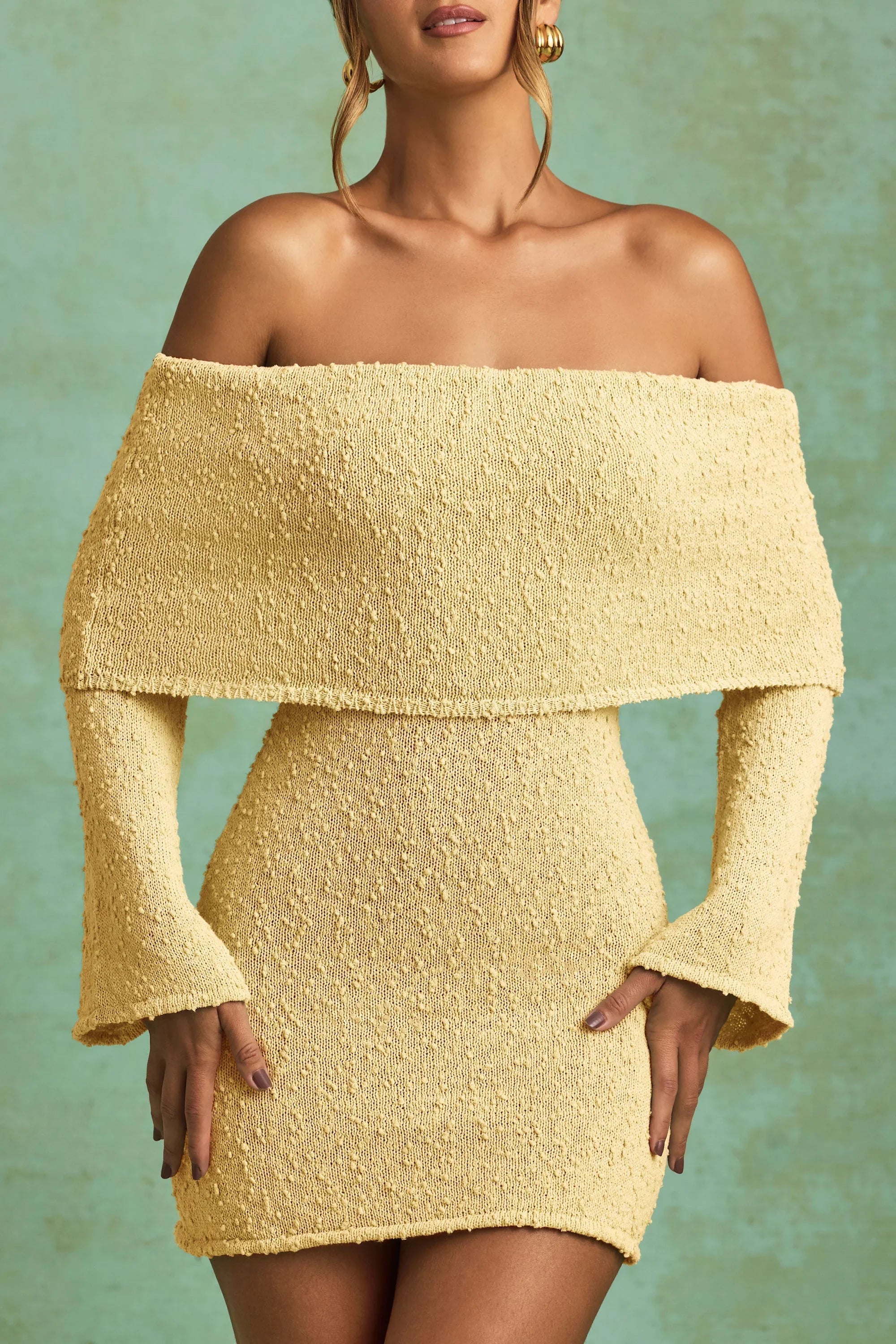 Bouclé Off-Shoulder Mini Dress in Yellow
