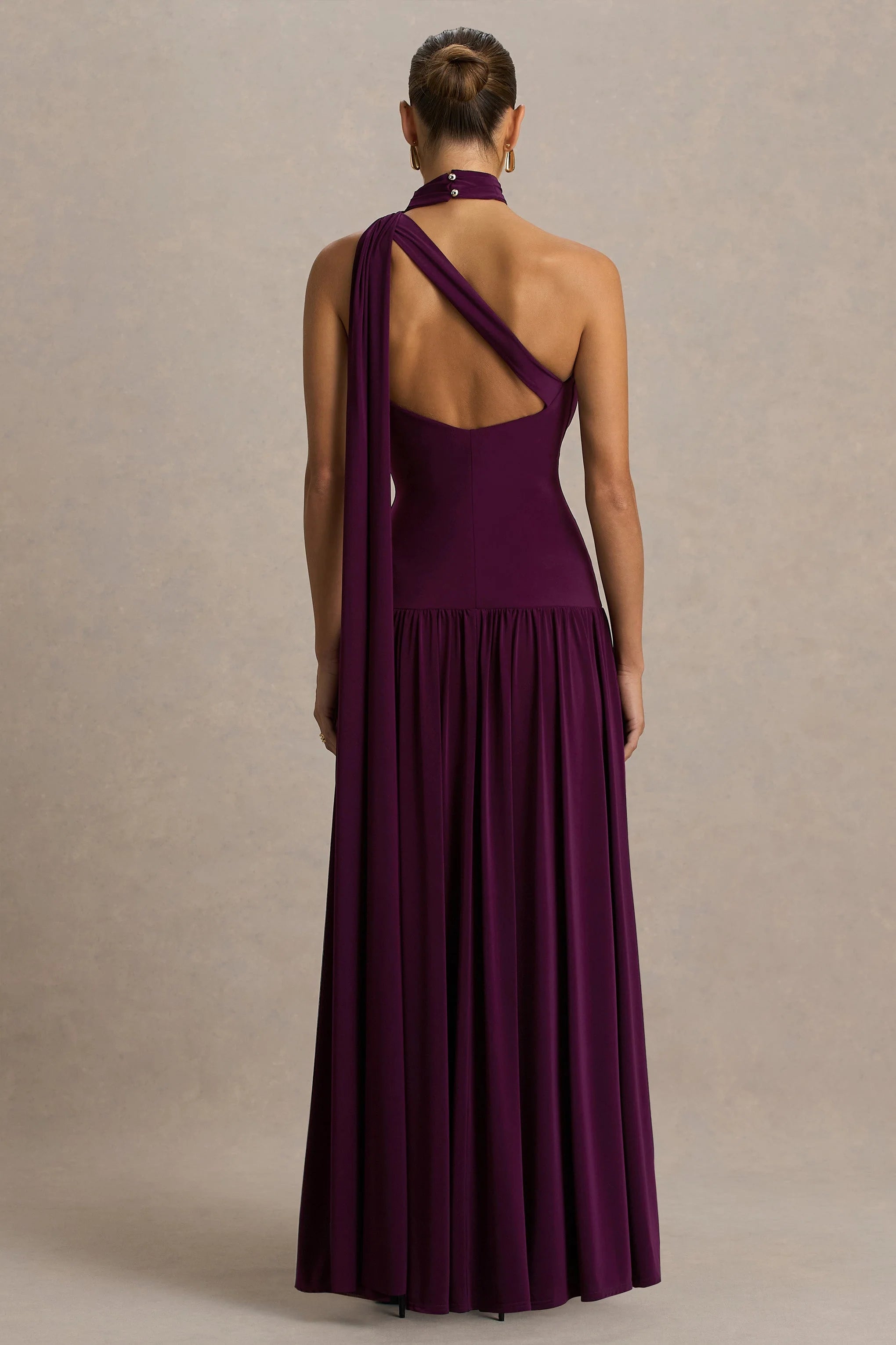 Freesia | Plum Asymmetric-Neck Maxi Dress With Scarf-Detail