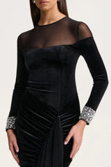 Perrin | Black Velvet Crew-Neck Maxi Dress With Embellished Cuffs