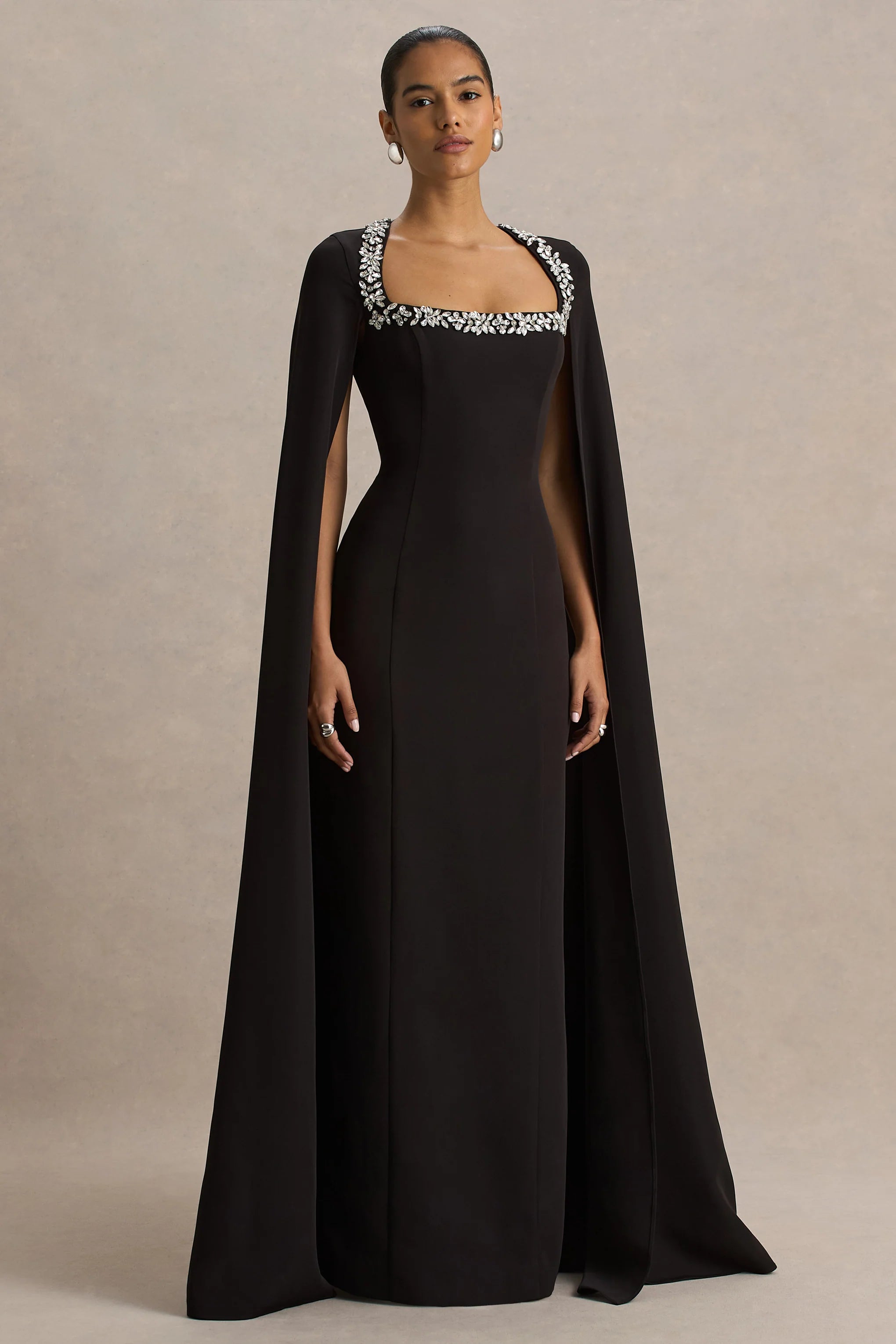 Glossy | Black Woven Square-Neck Maxi Dress With Cape Sleeves and Hand-Embellished Detail
