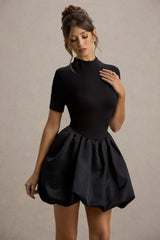 Blake | Black Short-Sleeve Mini Dress With Satin Puffball Skirt