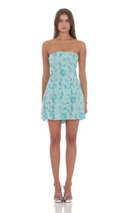Sequin Beaded Flare Strapless Dress in Blue