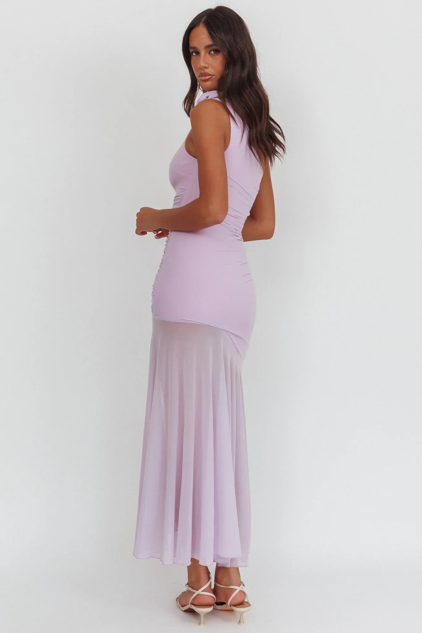 Lost Love One-Shoulder Sheer Hem Maxi Dress Lilac