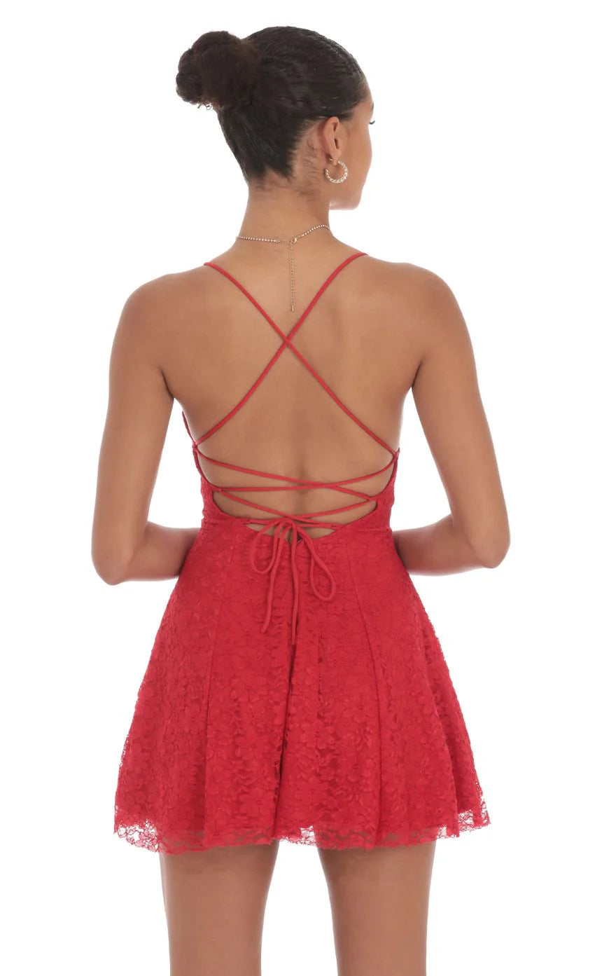 Lace Floral Mini Dress in Red