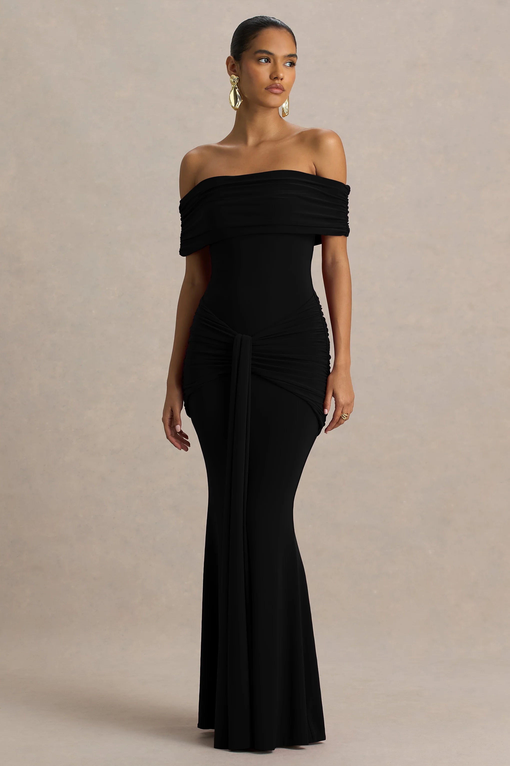 Envisioned | Black Bardot-Neck Maxi Dress With Gathered And Drape Detail