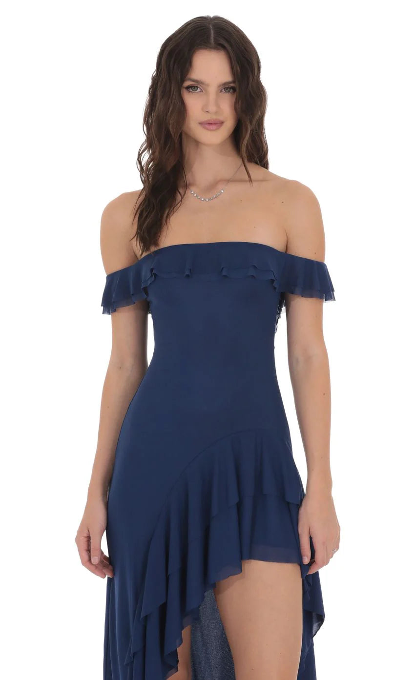 Off Shoulder Ruffle Maxi Dress in Blue