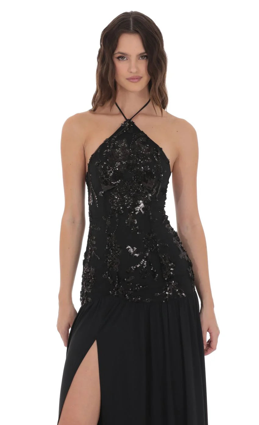 Drop Waist Sequin Maxi Dress in Black