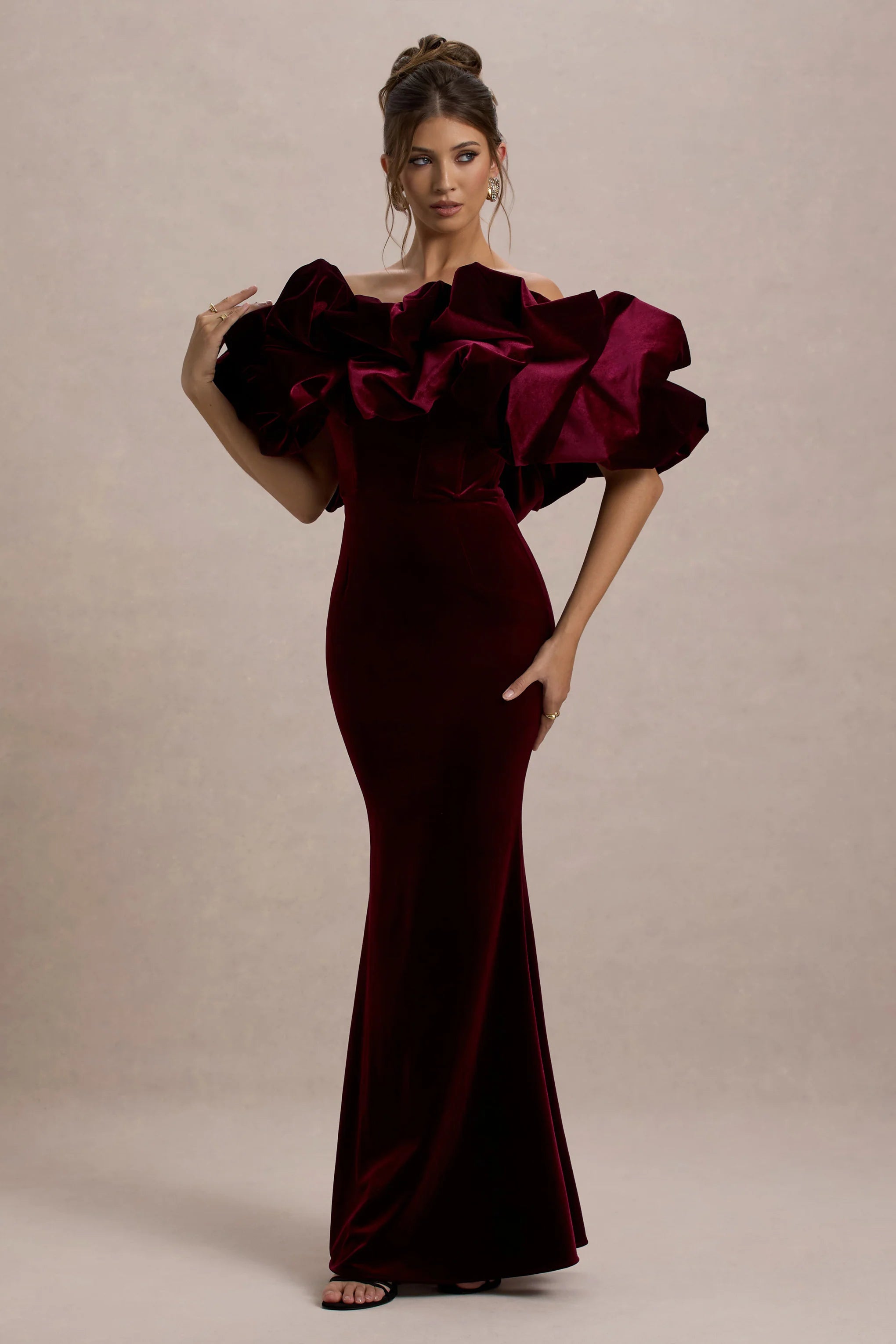 Cecily | Port Velvet Bardot Maxi Dress With Velvet Ruffle Trim
