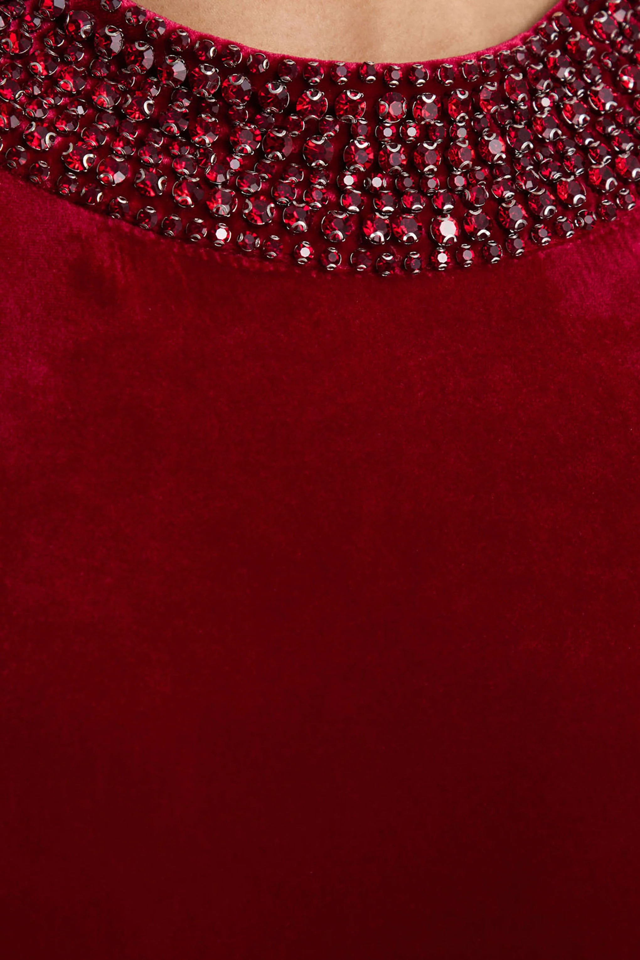 Darya | Burgundy Velvet Embellished High-Neck Maxi Dress