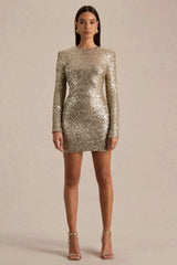Mercedes | Champagne Sequin Boat-Neck Mini Dress With Draped Detail And Open Back