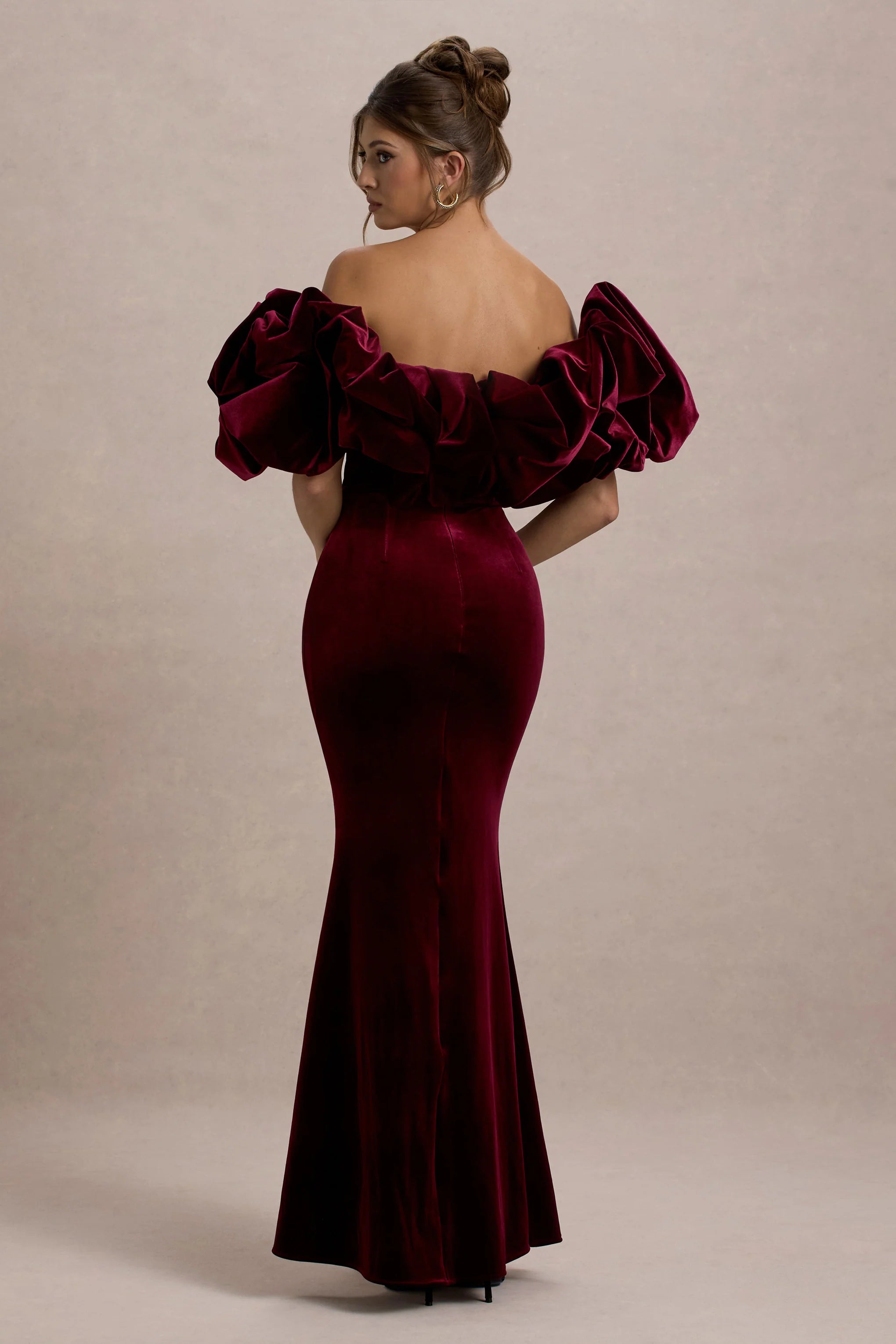 Cecily | Port Velvet Bardot Maxi Dress With Velvet Ruffle Trim