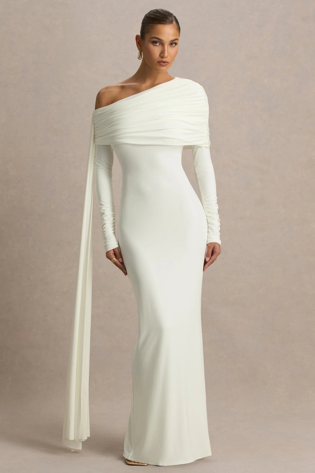 Octavia | Cream Bardot-Neck Maxi Dress With Sash And Ruched Detailing