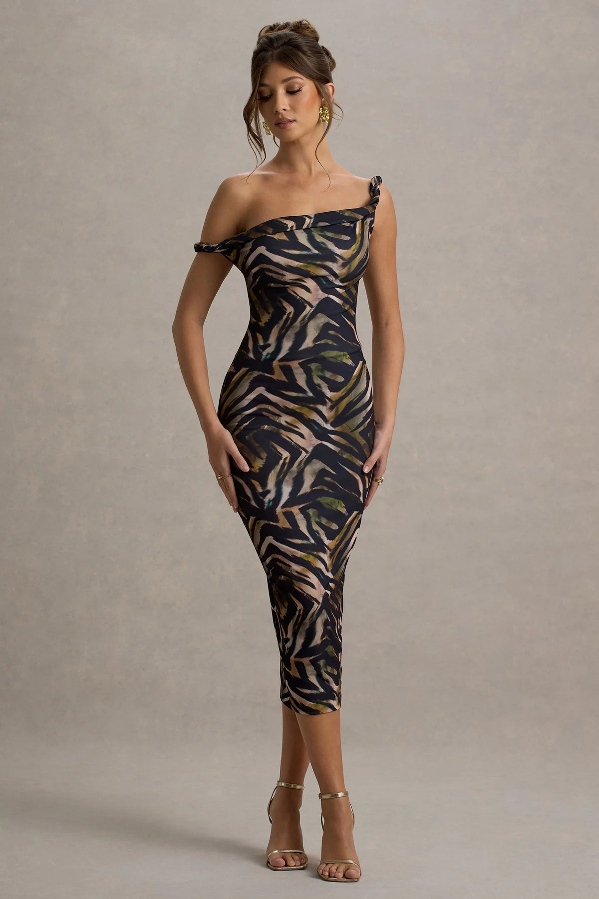 Nora | Zebra Print Twisted Asymmetric Midi Dress