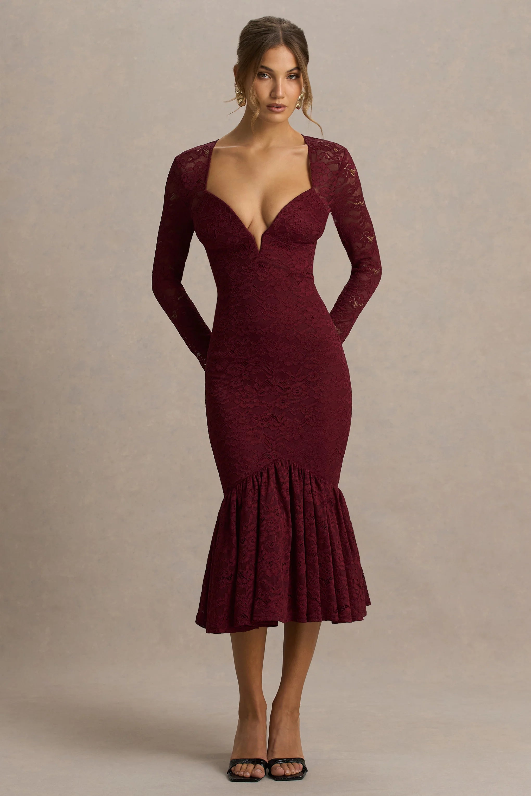 Camilly | Burgundy Lace Plunge-Neck Mermaid Midi Dress