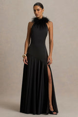 Jemima | Black Satin Halter-Neck Maxi Dress With Feather Trim