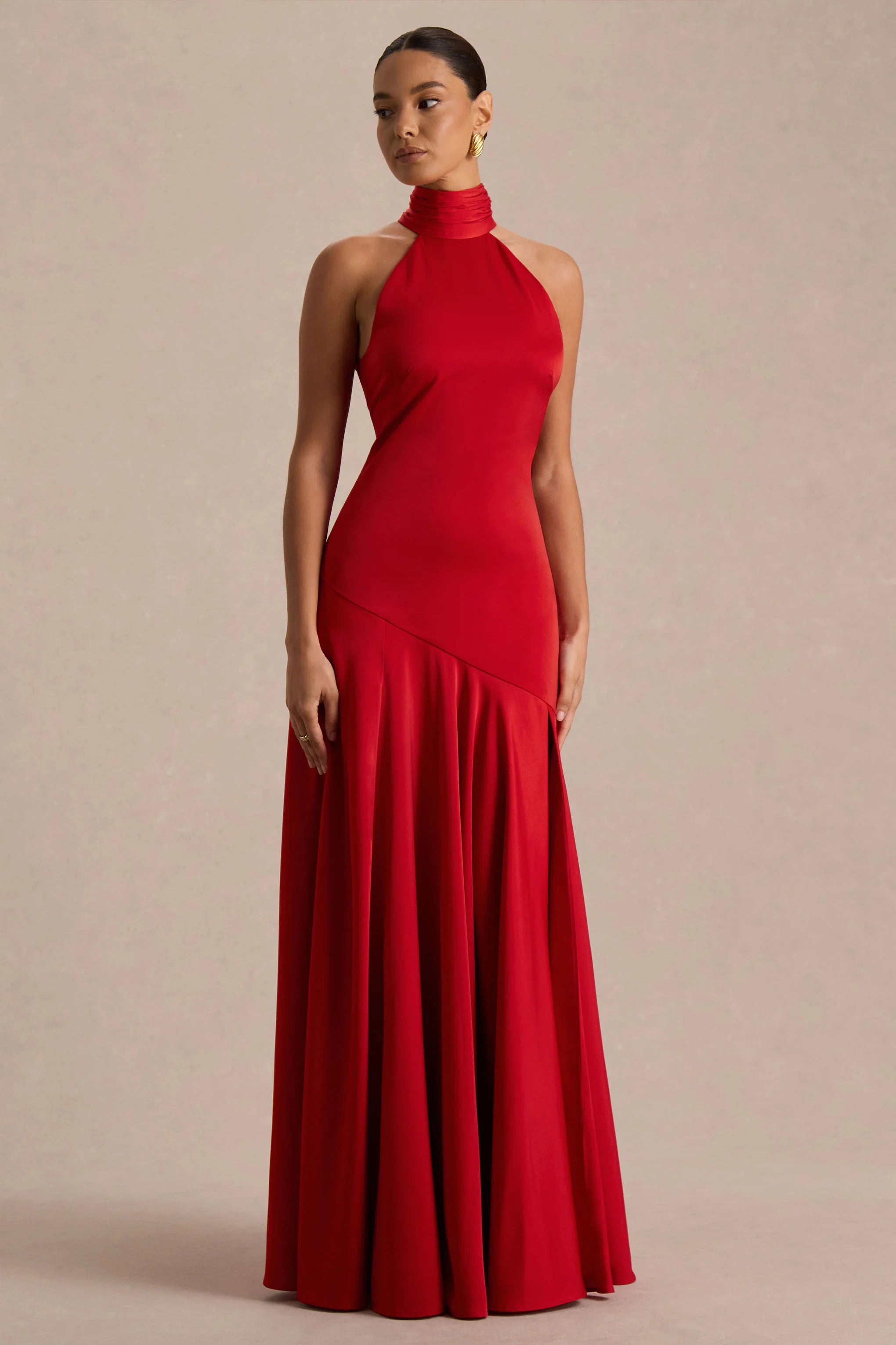 Luscious | Red High-Neck Maxi Dress With Drop-Waist And Bow Detail