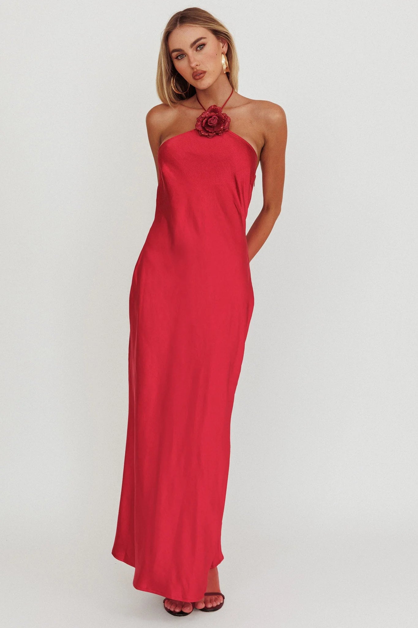 High Roller Flower Decoration Halter Dress Wine