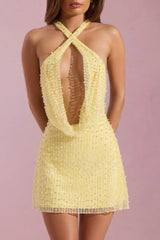 Embellished Cowl-Neck Backless Mini Dress in Yellow
