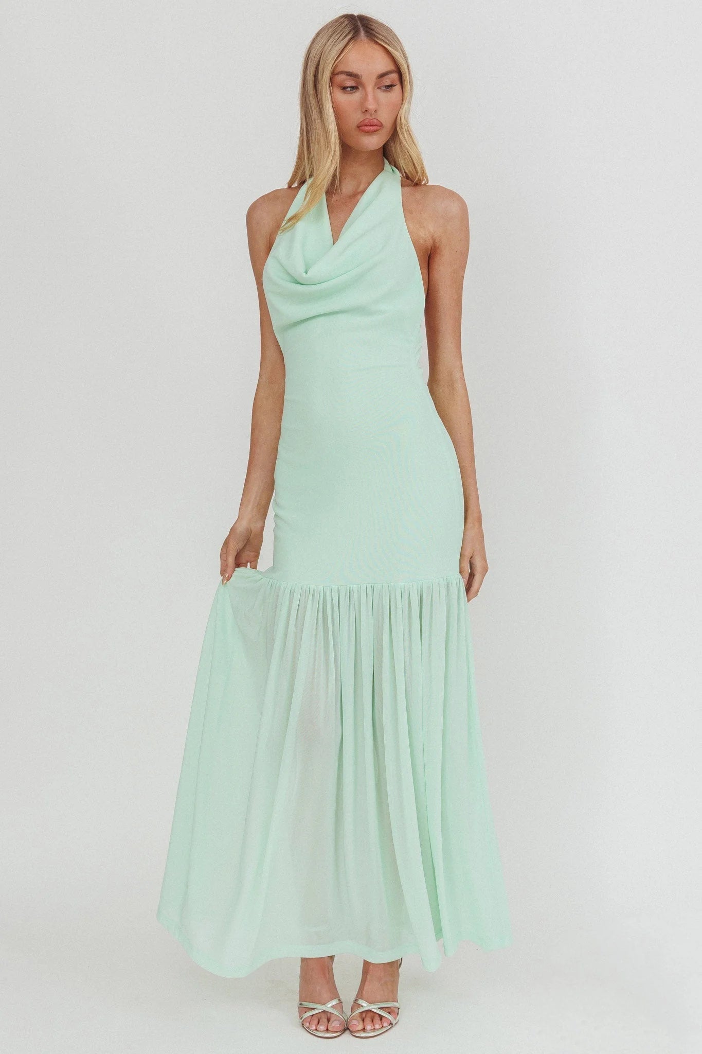 Kailyn Cowl Neck Sheer Hem Maxi Dress Mint