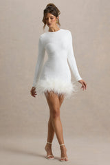 Claudia | White Sequin High Neck Feather Hem Mini Dress With Long Sleeves