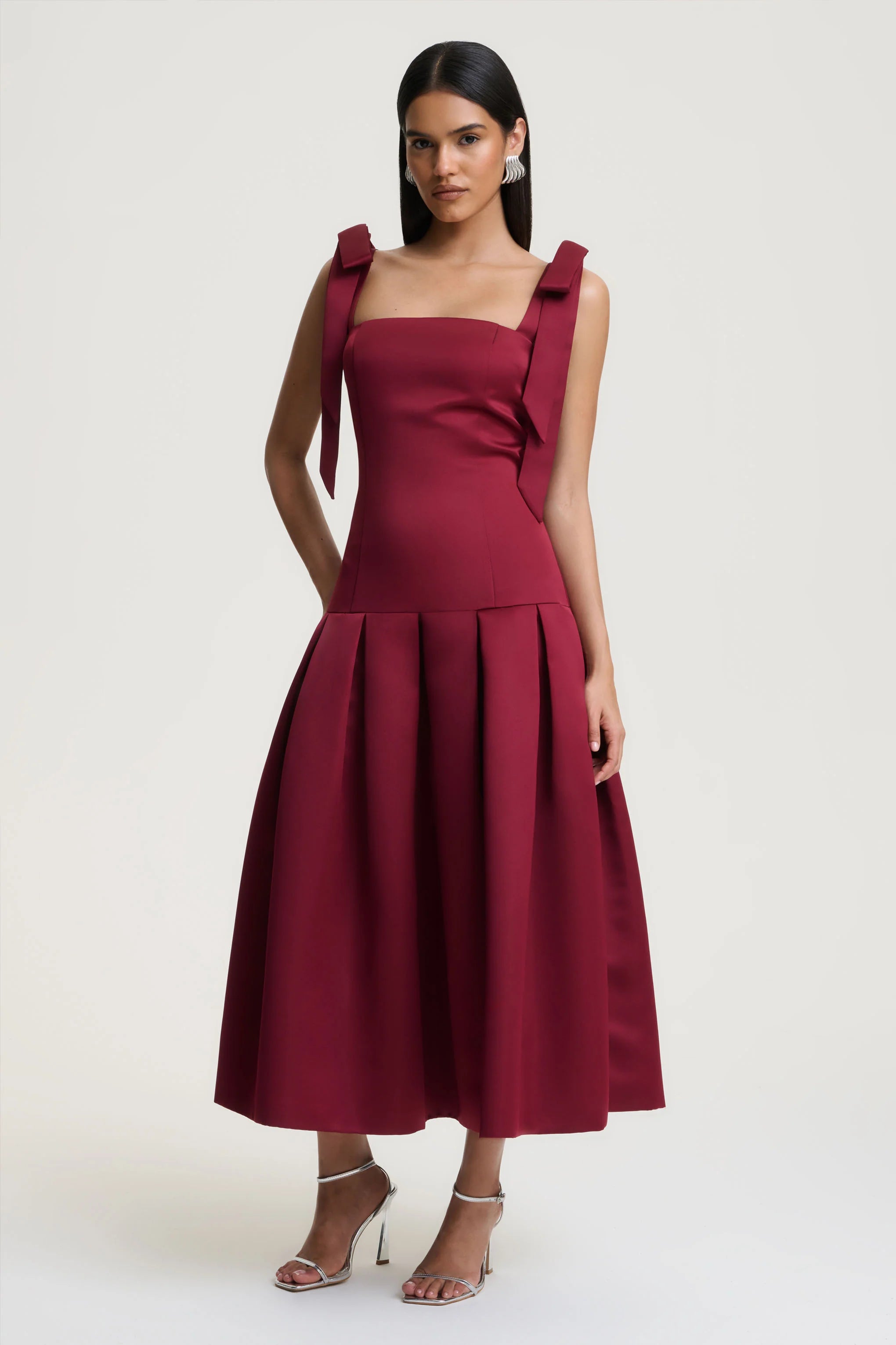 Alberta | Burgundy Satin Square-Neck Midi Dress With Bow Straps
