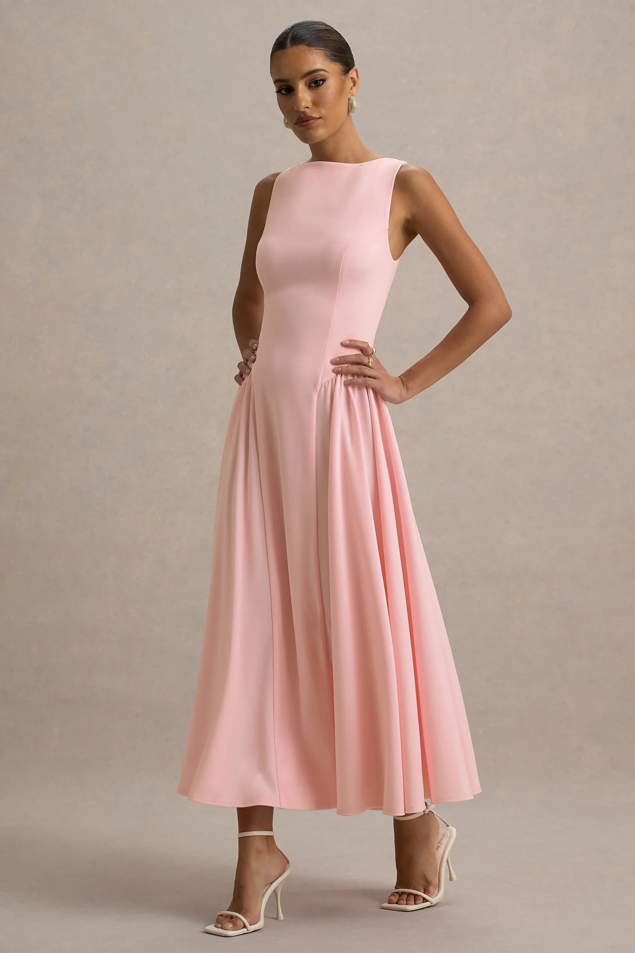 Muriel | Pink Boat-Neck Volume-Hem Midi Dress