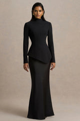 Pepita | Black High-Neck Tailored Maxi Dress With Drop-Waist And Satin Skirt