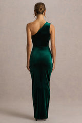 Treat | Bottle Green Velvet Asymmetric-Neck Maxi Dress With Ruched Detailing