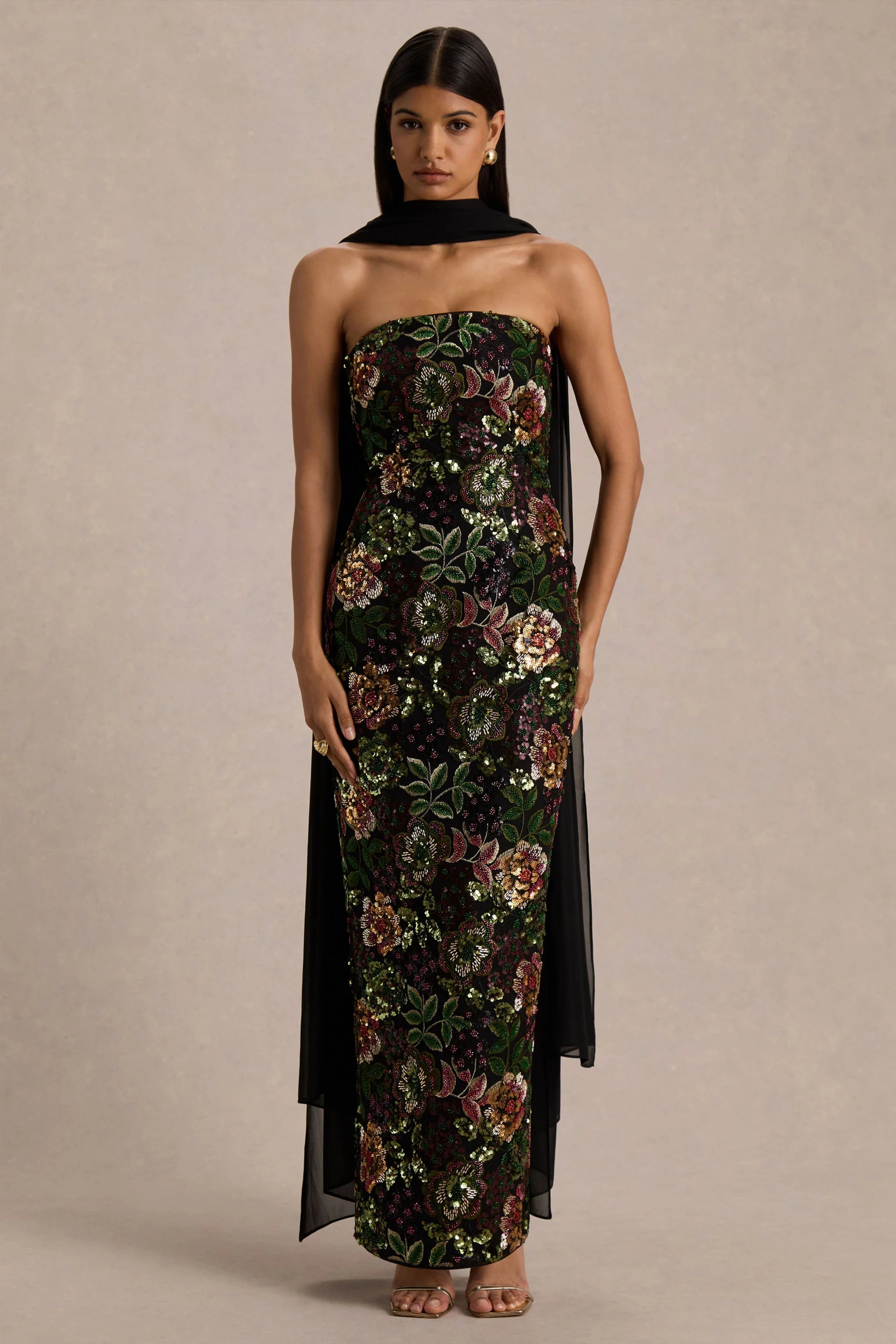 Cora | Winter Floral Embellished Mesh Bandeau Maxi Dress With Scarf
