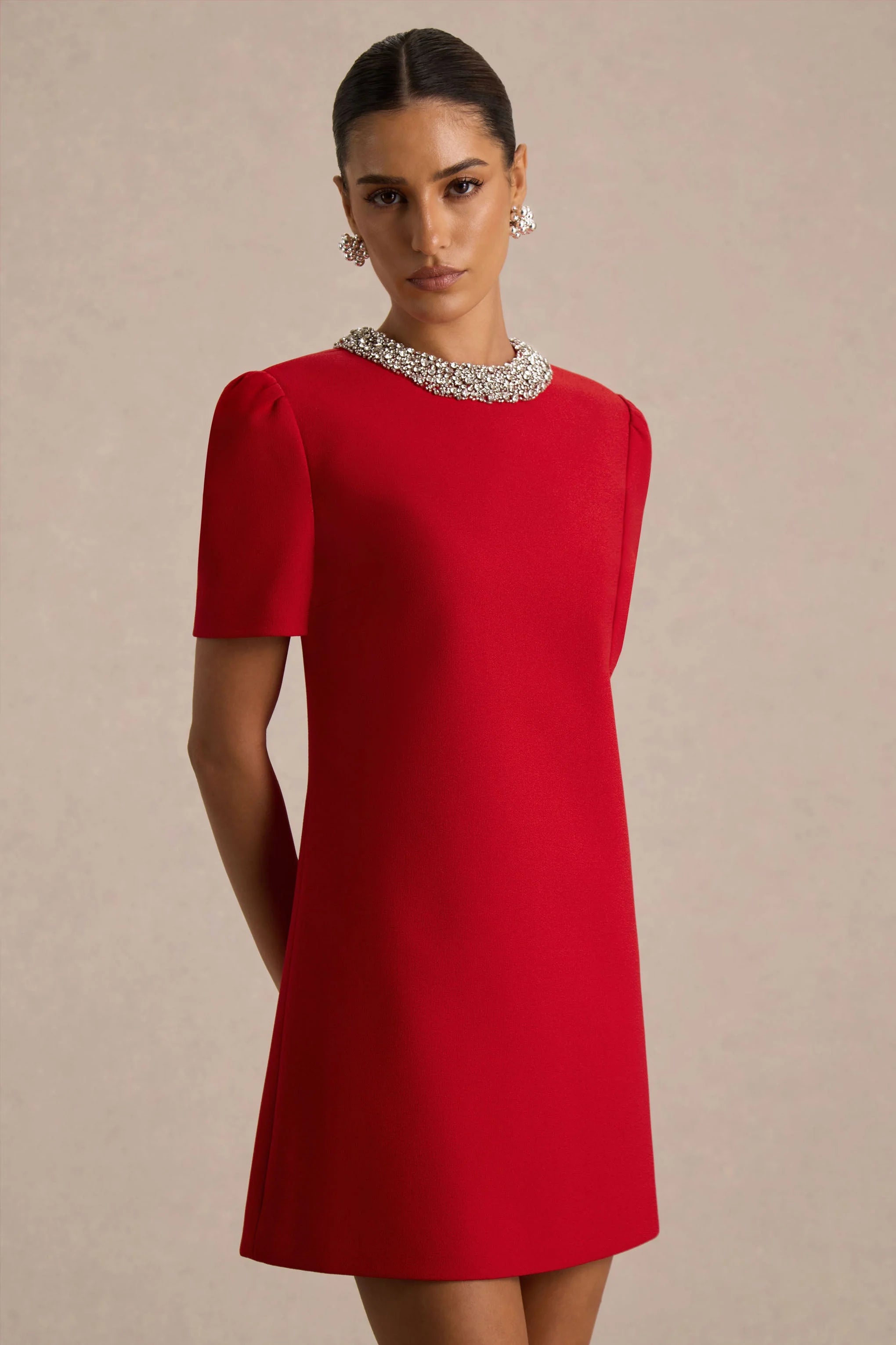 Jackie | Red Embellished High-Neck Mini Dress