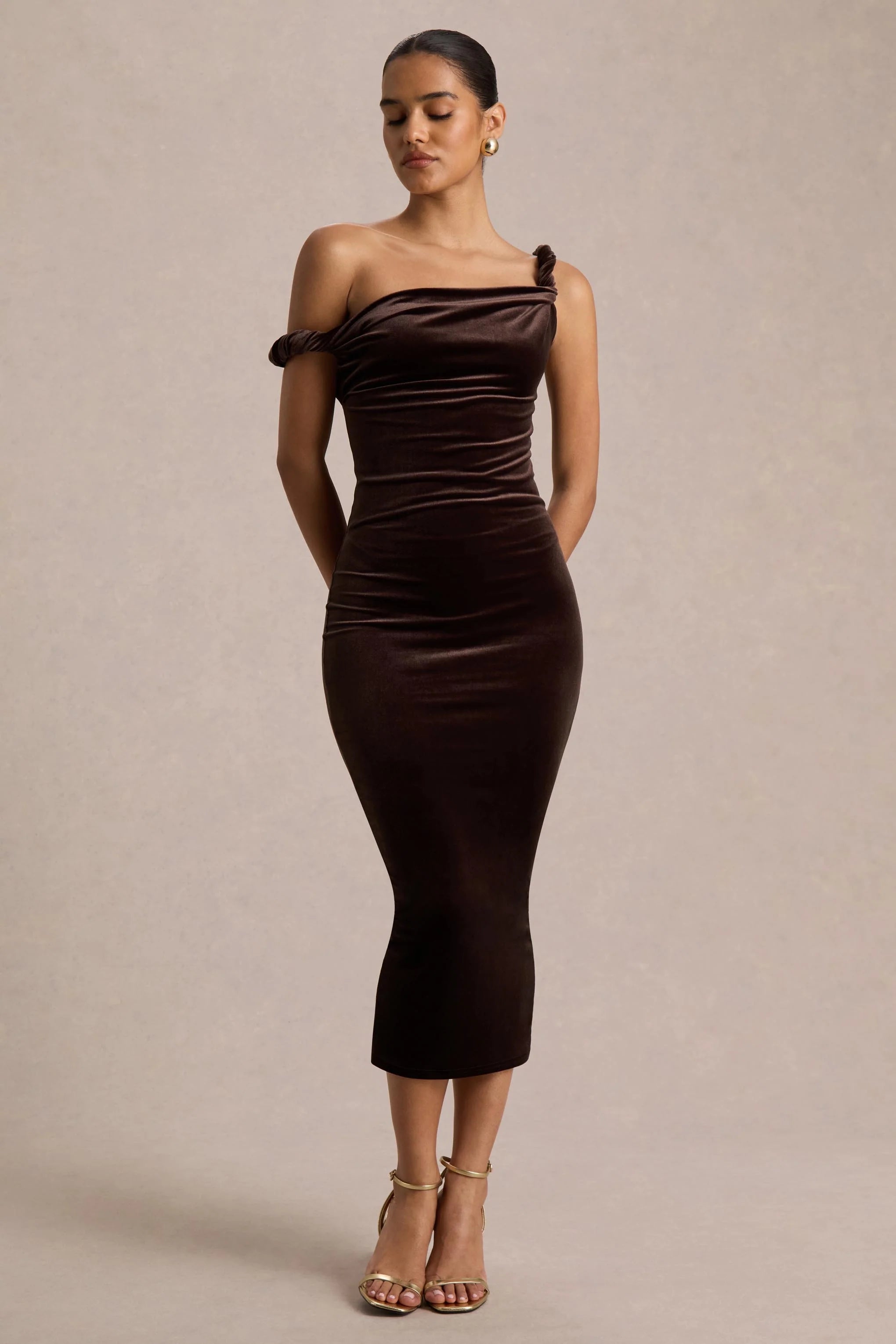 Carella | Brown Velvet Twisted Asymmetric Midi Dress