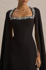 Glossy | Black Woven Square-Neck Maxi Dress With Cape Sleeves and Hand-Embellished Detail