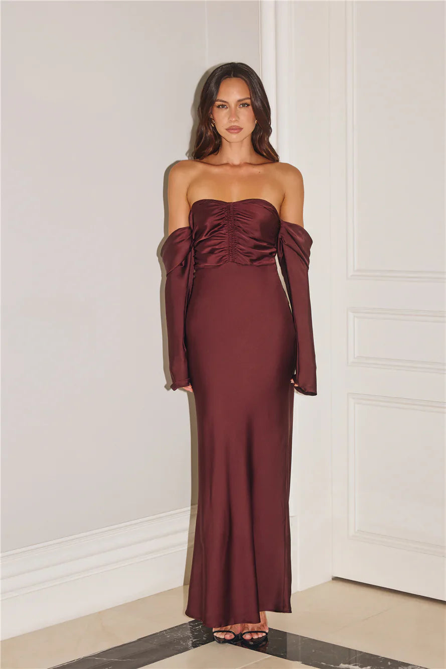Elegant Chic Off Shoulder Long Sleeve Satin Maxi Dress