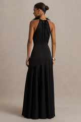 Jemima | Black Satin Halter-Neck Maxi Dress With Feather Trim