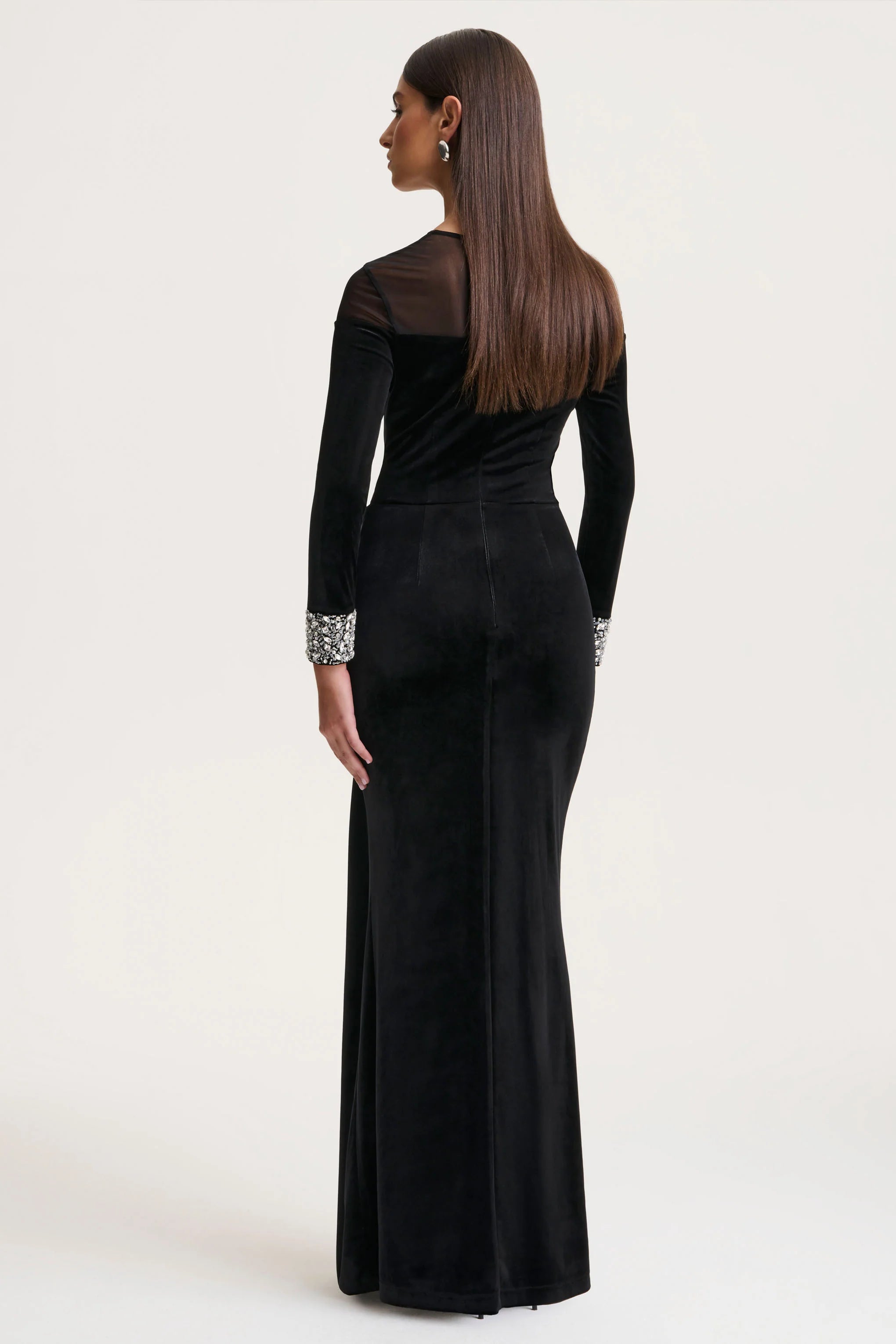 Perrin | Black Velvet Crew-Neck Maxi Dress With Embellished Cuffs